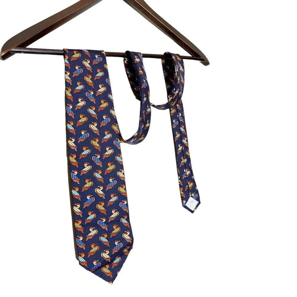 Vintage LLADRO Silk Tie Navy Blue Duck Decoy Made In‎ Spain Classic Designer